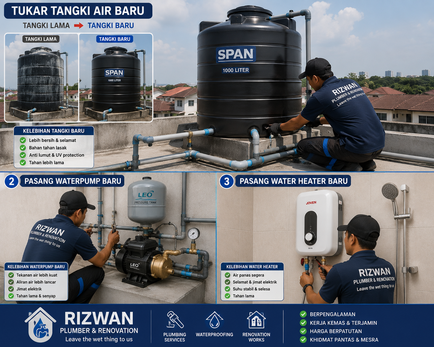 Poster kerja tukar tangki air oleh Rizwan Plumber